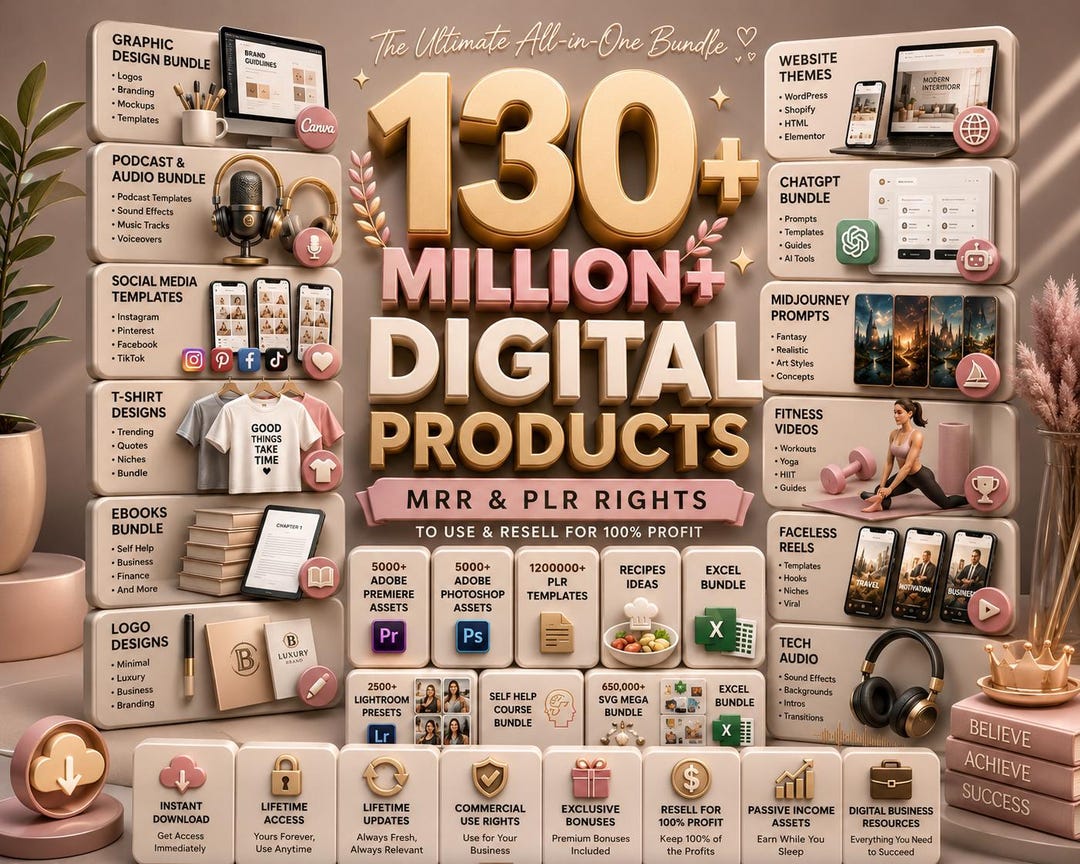 130 Million+ PLR MRR Digital Products Master Resell Rights Bundle Commercial Use Templates