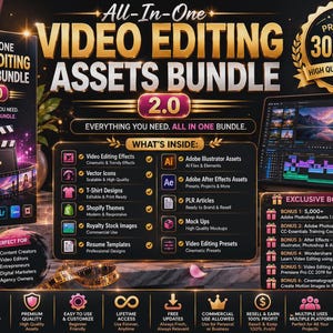 Peut inclure: Un ensemble d'actifs de montage vid&eacute;o tout-en-un 2.0 pr&eacute;sentant une bo&icirc;te noire, une liste d'actifs inclus tels que des effets vid&eacute;o, des ic&ocirc;nes vectorielles et des pr&eacute;r&eacute;glages logiciels, ainsi que des bonus exclusifs et des utilisateurs cibles.