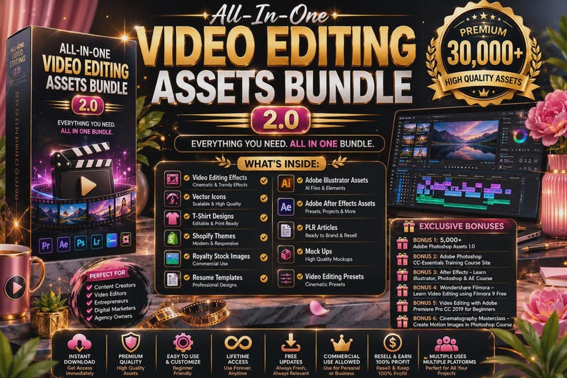 Peut inclure: Un ensemble d'actifs de montage vid&eacute;o tout-en-un 2.0 pr&eacute;sentant une bo&icirc;te noire, une liste d'actifs inclus tels que des effets vid&eacute;o, des ic&ocirc;nes vectorielles et des pr&eacute;r&eacute;glages logiciels, ainsi que des bonus exclusifs et des utilisateurs cibles.