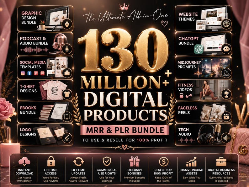 Peut inclure: Une publicit&eacute; pour un lot de produits num&eacute;riques avec le texte 130 MILLION+ DIGITAL PRODUCTS MRR & PLR BUNDLE TO USE & RESELL FOR 100% PROFIT. Elle pr&eacute;sente des ic&ocirc;nes et des &eacute;tiquettes pour le design graphique, les th&egrave;mes web et les podcasts.