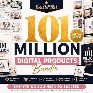 以下が含まれることがあります： 101 MILLION DIGITAL PRODUCTS Bundleというテキストと金の王冠のアイコンが描かれたデジタル製品バンドルの広告。ノートパソコン、タブレット、箱のモックアップ画像が並び、テンプレート、グラフィック、電子書籍などが表示されています。