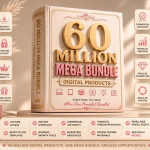 Op de afbeelding: Een grote, crèmekleurige, boekvormige doos met het label 60 MILLION MEGA BUNDLE DIGITAL PRODUCTS in gouden en roze letters. De omslag bevat iconen voor digitale bestanden en de tekst Everything You Need.