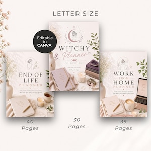 May include: Three digital planner covers in letter size, titled End of Life Planner with 40 pages, Witchy Planner with 30 pages, and Work From Home Planner with 39 pages. Each cover features soft neutral tones, botanical illustrations, and desk accessories.