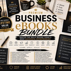 Może przedstawiać: Cyfrowa grafika marketingowa dla pakietu e-booków biznesowych premium z tekstem "Premium Business eBooks Bundle" oraz "Master the skills behind today's most successful entrepreneurs" wraz z ikonami biznesu, przywództwa i marketingu.