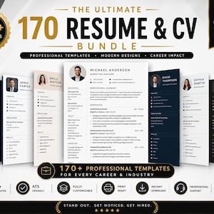 May include: A digital bundle of 170+ resume and CV templates featuring various professional layouts with headshots, contact details, education, and skills sections. The text includes "THE ULTIMATE 170 RESUME & CV BUNDLE" and "LAND YOUR DREAM JOB STAND OUT GET HIRED!"