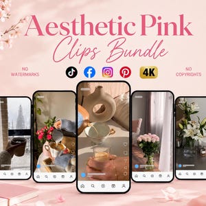 May include: A digital bundle of five smartphone screens displaying aesthetic pink-themed video clips. The text Aesthetic Pink Clips Bundle is centered at the top. Icons for TikTok, Facebook, Instagram, Pinterest, and a 4K label are visible.