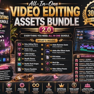 Peut inclure: Un ensemble d'actifs de montage vid&eacute;o tout-en-un 2.0 pr&eacute;sentant une bo&icirc;te noire, une liste d'actifs inclus tels que des effets vid&eacute;o, des ic&ocirc;nes vectorielles et des pr&eacute;r&eacute;glages logiciels, ainsi que des bonus exclusifs et des utilisateurs cibles.
