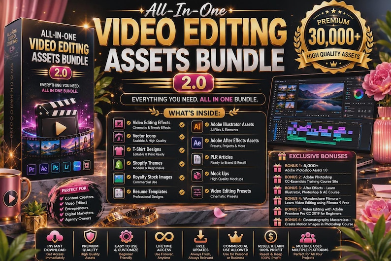 Peut inclure: Un ensemble d'actifs de montage vid&eacute;o tout-en-un 2.0 pr&eacute;sentant une bo&icirc;te noire, une liste d'actifs inclus tels que des effets vid&eacute;o, des ic&ocirc;nes vectorielles et des pr&eacute;r&eacute;glages logiciels, ainsi que des bonus exclusifs et des utilisateurs cibles.
