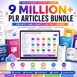 Puede incluir: Un paquete de productos digitales titulado 9 MILLION+ PLR ARTICLES BUNDLE que muestra una computadora portátil y un teléfono inteligente con una interfaz de biblioteca de contenido, rodeado de libros, carpetas e iconos coloridos de SEO.