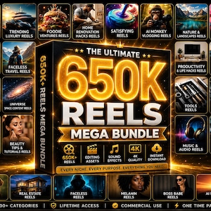 Op de afbeelding: Een zwarte doos met goudkleurige gloeiende tekst met de tekst THE ULTIMATE 650K REELS MEGA BUNDLE, omringd door talloze kleine rechthoekige afbeeldingsminiaturen die verschillende videocategorieën tonen, zoals fitness, reizen, eten en technologie.