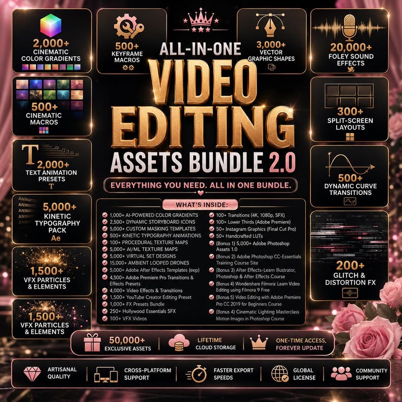 Peut inclure: Une publicit&eacute; graphique num&eacute;rique pour un pack d'actifs de montage vid&eacute;o tout-en-un 2.0. La mise en page noire et dor&eacute;e pr&eacute;sente des ic&ocirc;nes et du texte &eacute;num&eacute;rant plus de 50 000 actifs, dont des d&eacute;grad&eacute;s de couleurs, effets sonores et transitions.