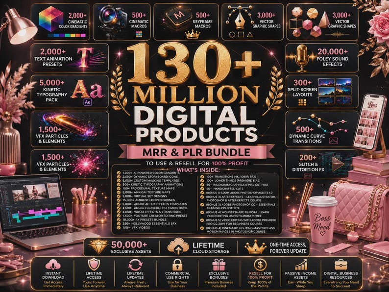 Peut inclure: Une publicit&eacute; pour un ensemble de produits num&eacute;riques avec le texte 130+ MILLION DIGITAL PRODUCTS MRR & PLR BUNDLE. Le graphique pr&eacute;sente diverses ic&ocirc;nes, des listes d'actifs inclus comme des macros cin&eacute;matiques, des formes vectorielles et des effets sonores, sur un fond noir et dor&eacute;.