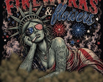 Fireworks & Flowers PNG | 4th of July Stoner Shirt Design | Patriotic Cannabis Graphic | Retro Lady Liberty Mary Jane Art |