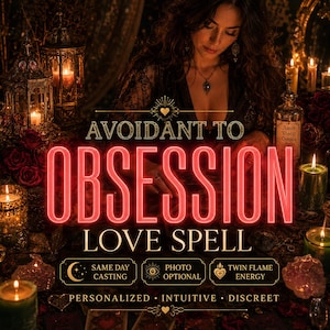 May include: A digital graphic featuring the text AVOIDANT TO OBSESSION LOVE SPELL in bold red lettering. Below, smaller text reads SAME DAY CASTING, PHOTO OPTIONAL, TWIN FLAME ENERGY, PERSONALIZED, INTUITIVE, and DISCREET, with a bottle labelled Amor Vincit Omnia.