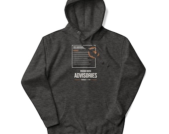 May include: A dark heather gray hooded sweatshirt featuring a white graphic of a test certificate with the text "TEST CERTIFICATE," "PASSED WITH ADVISORIES," and "TORQUE & TIN" printed on the front, along with a kangaroo pocket.