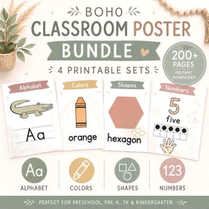 Boho Klassenzimmer Poster Bündel | Alphabet | Farben | Zahlen I Formen I Lernposter zum Ausdrucken