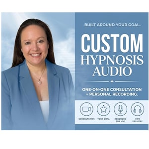 Könnte beinhalten: Eine Werbegrafik mit einer lächelnden Person im blauen Blazer neben dem Text: BUILT AROUND YOUR GOAL. CUSTOM HYPNOSIS AUDIO. ONE-ON-ONE CONSULTATION + PERSONAL RECORDING. Enthält Symbole für Beratung, Ziel, Aufnahme und MP3-Lieferung.