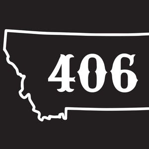 May include: Black graphic featuring the outline of Montana with the number "406" in white. The white outline of the state and the numbers contrast against the black background. The design is simple and bold.