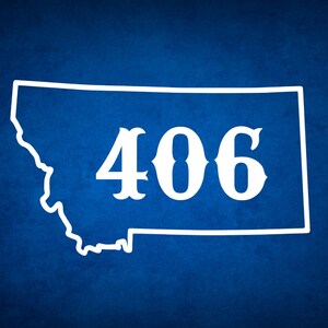 May include: A deep blue graphic design featuring the white outline of the state of Montana with the number 406 centered in a white serif font. The background has a subtle, textured appearance, providing a contrast to the clean white lines.