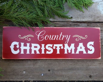 Country Christmas Sign, Distressed Red Painted Wood, Holiday Decor