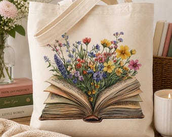 Book Lover Tote Bag, Floral Book Bag, Wildflower Book Tote, Reader Gift, Bookish Gift for Her, Library Bag, Cottagecore Tote