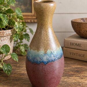Vintage Studio Pottery Vase: Brown Blue Reactive Glaze, 11" Tall Stoneware Art Pottery