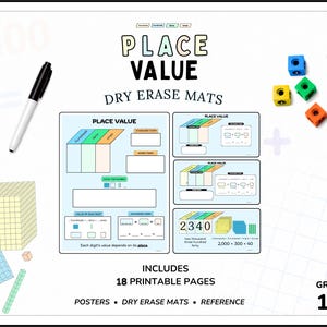 May include: Place Value Dry Erase Mats educational set including 18 printable pages for grades 1-4. The set features diagrams for hundreds, tens, and ones, a black marker, and four colorful plastic cubes. Text includes Place Value and Grades 1-4.