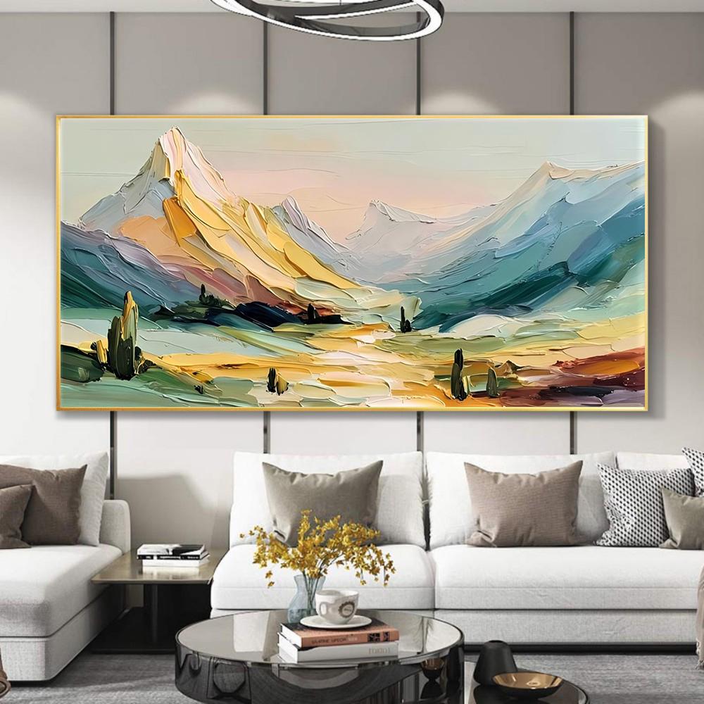 Abstract Mountain Landscape Oil Painting,Thick Impasto Colorful Mountain Canvas Wall Art, Modern Minimalist Nature Scenery Home Decor