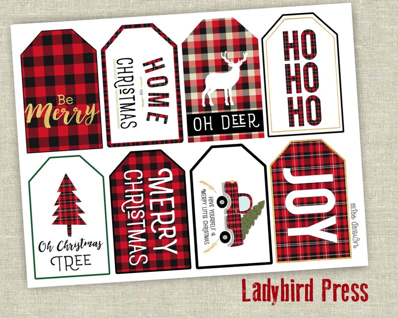 printable christmas tags plaid christmas tags rustic red etsy