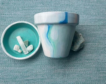 Handpainted Terracotta Pot – Swirl Blue Green Design