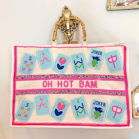 Hand Beaded Mahjong Tote Bag, Oh Hot Bam XL Canvas Carryall, Large Mahjong Tile Storage, Travel Game Bag, Mahjong Gift for Women