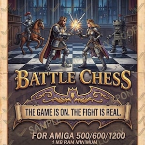 May include: A vintage Battle Chess video game box art for Amiga 500/600/1200 featuring a king and queen dueling with swords on a checkered floor. The text reads Amiga, The Power to create, the Power to achieve, Battle Chess, The game is on. The fight is real.