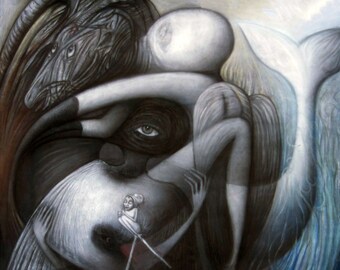 May include: A surrealist painting in shades of gray and blue depicts a figure with a long, flowing tail, seemingly holding another figure in its arms. The composition is complex and layered, with multiple figures and forms overlapping and intertwining.
