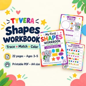 以下が含まれることがあります： 3歳から5歳向けの22ページのTyvera Shapesワークブック。A4サイズの印刷可能なPDF形式です。表紙には漫画のゾウ、カラフルな幾何学模様、および「Trace, Match, Color」と「My First Shapes Workbook」というテキストが記載されています。