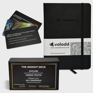 Insight Deck & Journal Bundle | Self-Discovery | Reflection Prompts | Personal Growth Gift Set | Vegan Leather Notebook | 170+ Questions