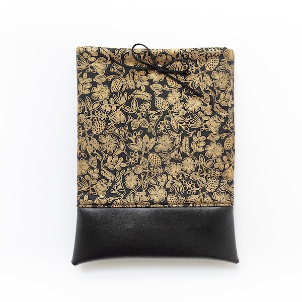 SALE! Save 25% (Originally 28.00 - 32.00) Black and Gold Moxie Floral Book Sleeve or Kindle Pouch - Rifle Paper Co. - Faux Leather