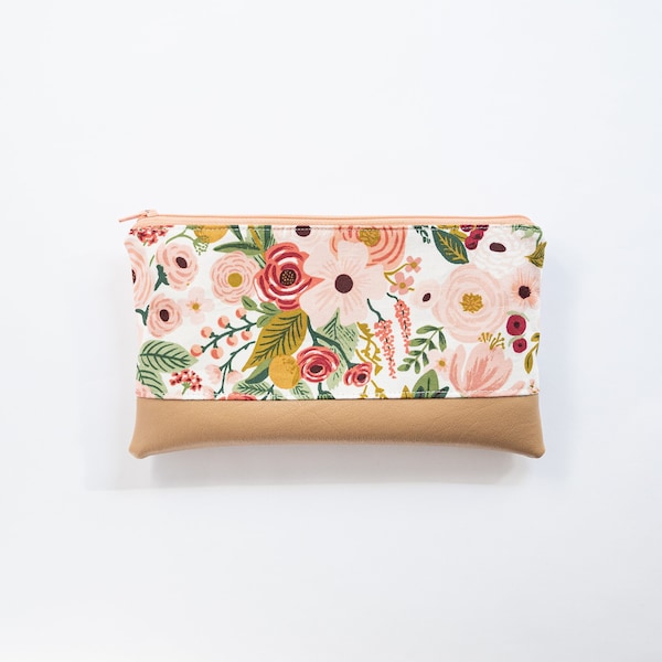 Garden Party in Dusty Rose with Peach Zipper  - Pencil Pouch with Faux Leather - 9 Inch - Rifle Paper Co.