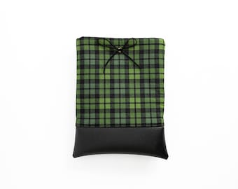 Green & Black Plaid Book Sleeve or Kindle Sleeve - With Faux Leather Bottom and Tie