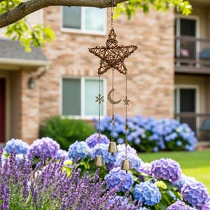 2PCS Woven Star Moon Witch Bell Wind Chime, Boho Door Knob Hanging Decor, Rustic Musical Note Chime, Spiritual Home & Garden Ornament