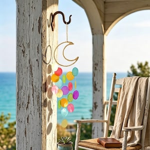 Boho Crescent Moon Capiz Shell Wind Chime, Colorful Suncatcher Hanging Ornament, INS Coastal Decor for Window Balcony Bedroom Patio Yard
