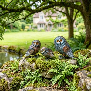Vintage-Eisenstatue einer Eulenfamilie, Waldvogel-Dekoration, handbemalte rustikale Skulptur