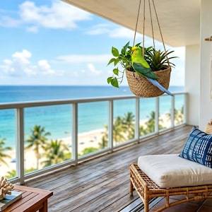 Puede incluir: Una maceta colgante de mimbre trenzado que contiene una planta de hojas verdes y una figura decorativa de loro verde con una larga cola azul, suspendida por cuerdas desde el techo sobre una terraza de madera con vista a la playa.