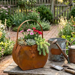 Rusted Metal Handbag Shaped Flower Basket, Vintage Rustic Planter Pot, Creative Outdoor Yard Porch Wall Decor Ornament for Garden 11.8*7.8in