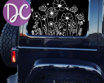 Calcomanía para ventana de auto con diseño de flores silvestres que cubre toda la superficie.