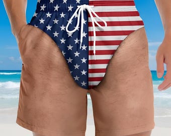Custom Funny Patriotic Men Swim Trunks, USA Flag Beach Shorts, 4th of July Swim Shorts, Summer Vacation Gift for Men, Beachwear