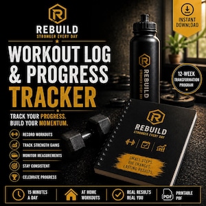 May include: A black spiral-bound workout log and progress tracker with gold text reading REBUILD STRONGER EVERY DAY, accompanied by a black water bottle featuring the same logo. The design includes icons for workouts, strength, and measurements.