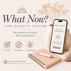 May include: A digital product display titled What Now? The Clarity System featuring a smartphone showing the app interface, a spiral-bound notebook, a white pen, and a vase with dried flowers. Text includes One question at a time. One step forward.