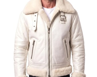 Men's White B3 Bomber Jacket, Sheepskin Leather Aviator Coat, Cream Faux Fur Collar, Winter Flight Jacket