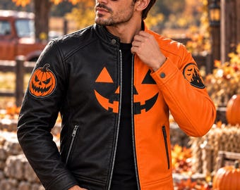 May include: A black and orange leather jacket featuring a jack-o'-lantern face graphic on the chest, a pumpkin patch on the right sleeve, and a circular haunted house patch on the left sleeve, with a full-length front zipper and snap collar.