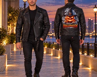 May include: A black leather motorcycle jacket featuring a front zipper, lapels, and a belt. The back displays a graphic of a glowing jack-o'-lantern wearing a witch hat, surrounded by smoke and the text Happy Halloween in orange letters.